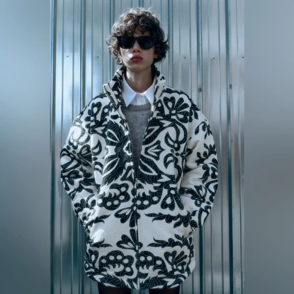 Zara QUILTED PRINTED JACKET. Ecru/Black. Size S. New with Tags. - Picture 2 of 12